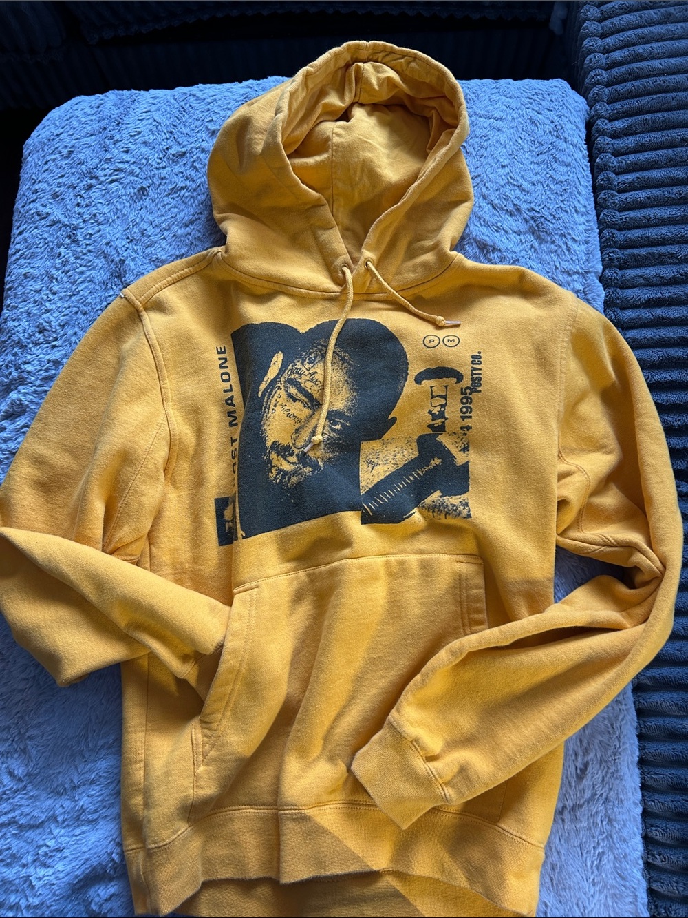 Mustard Yellow Graphic Pullover Hoodie with Black Print